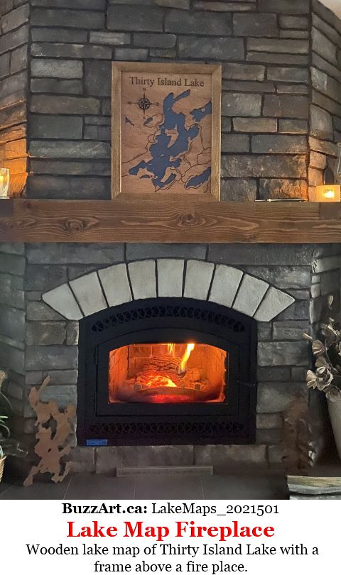 Wooden lake map of Thirty Island Lake with a frame above a fire place.